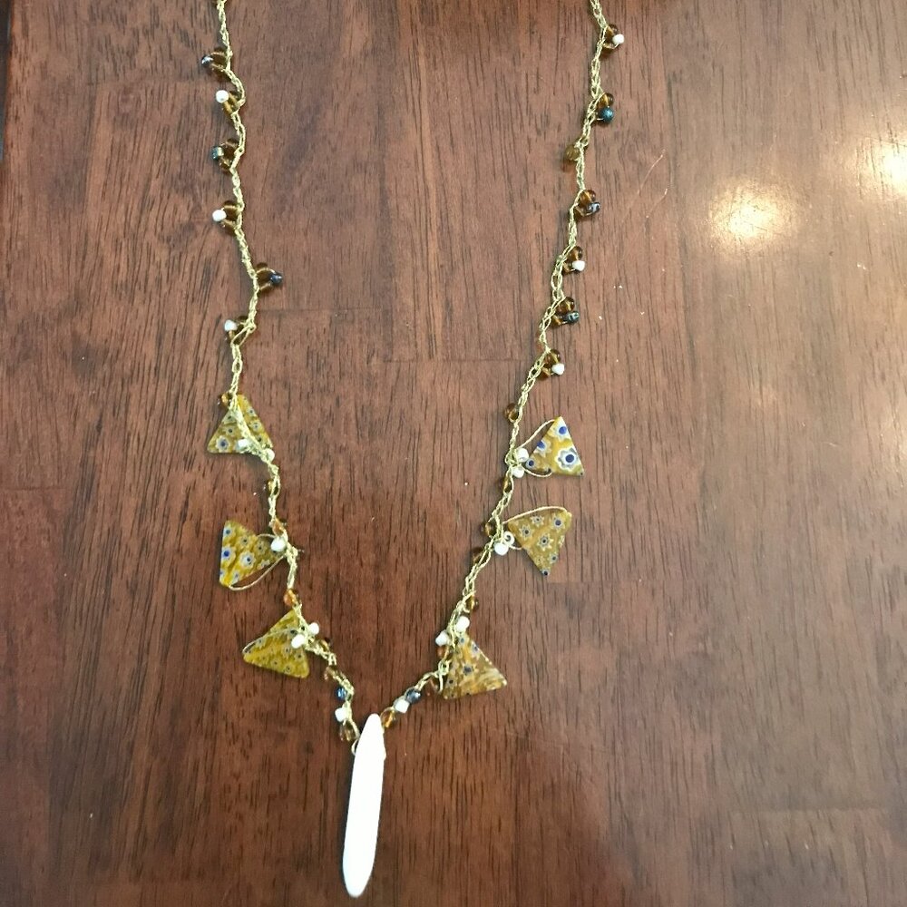 Gold metallic thread and shell fused glass bead necklace